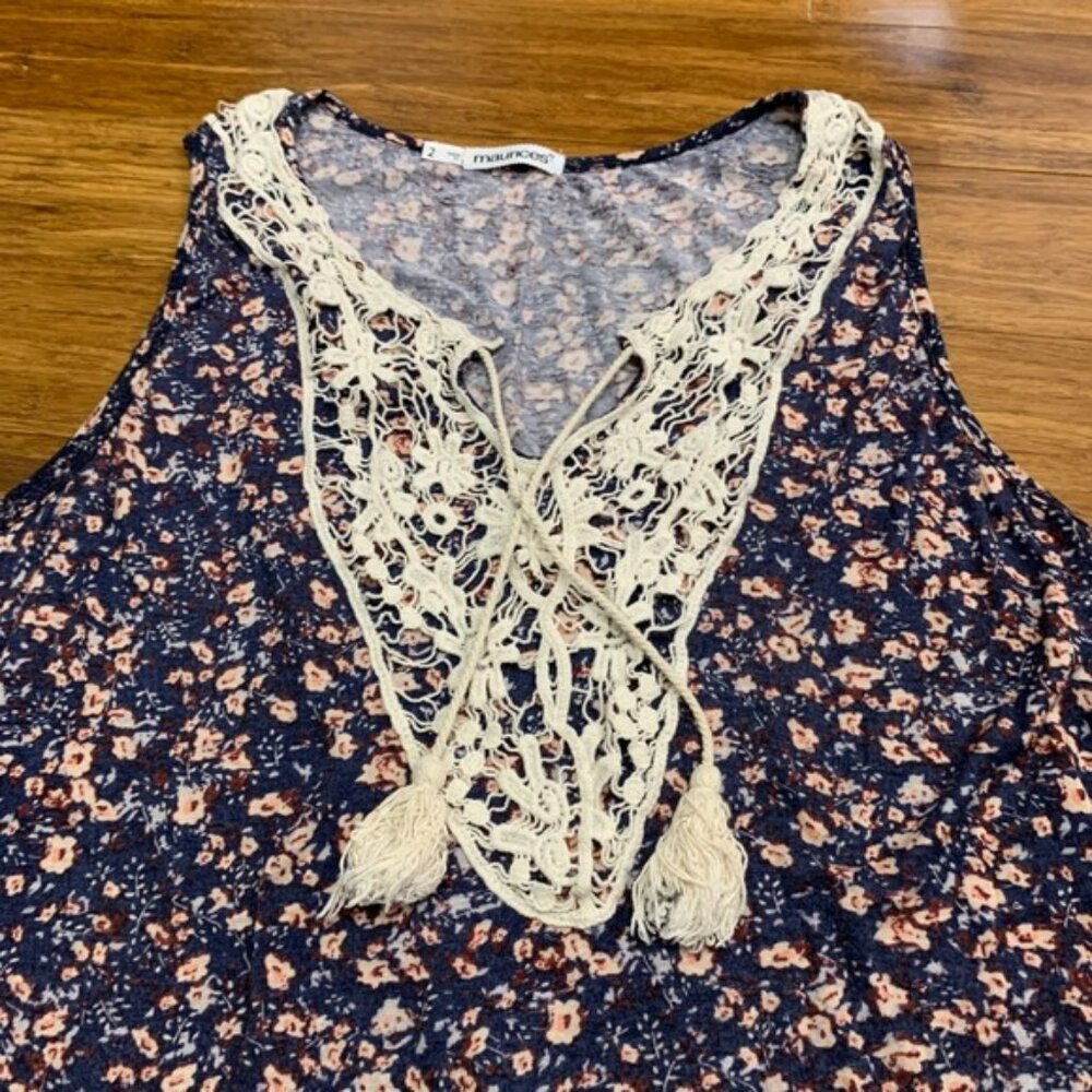 maurices Womens Blue Floral Lace Up Tank Top Size 2x Lightweight Tassels Summer - Picture 2 of 4